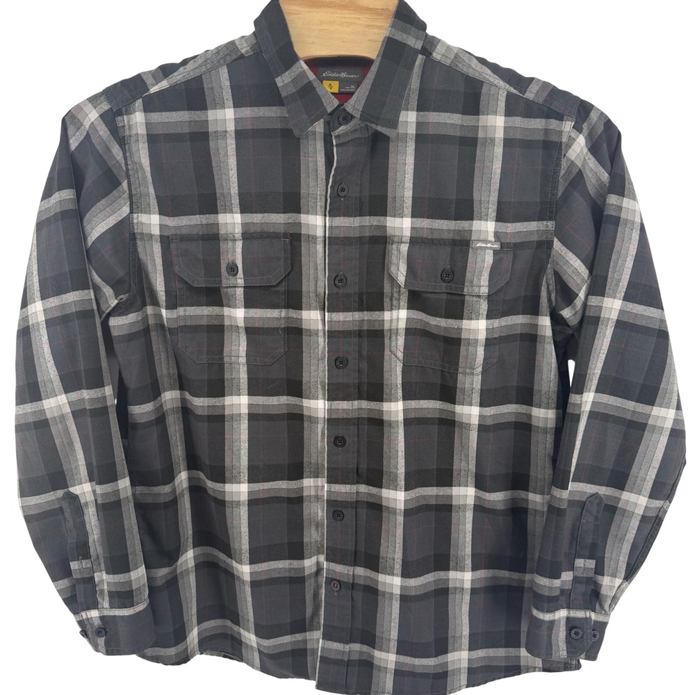 Eddie Bauer Mens XL Classic Fit Plaid Button Down Shirt Gray Black Polyester